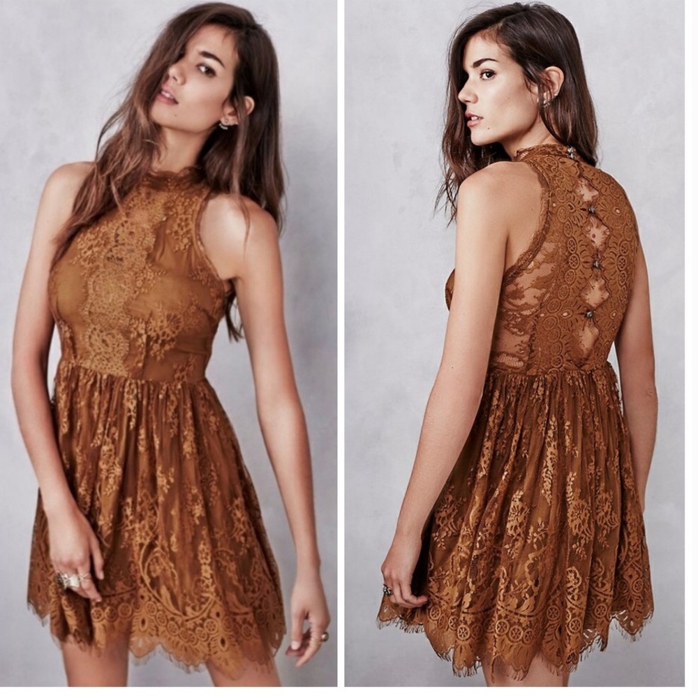 Free People Lace High Neck Mustard Yellow Button Boho Fairy Short Dress Size 2